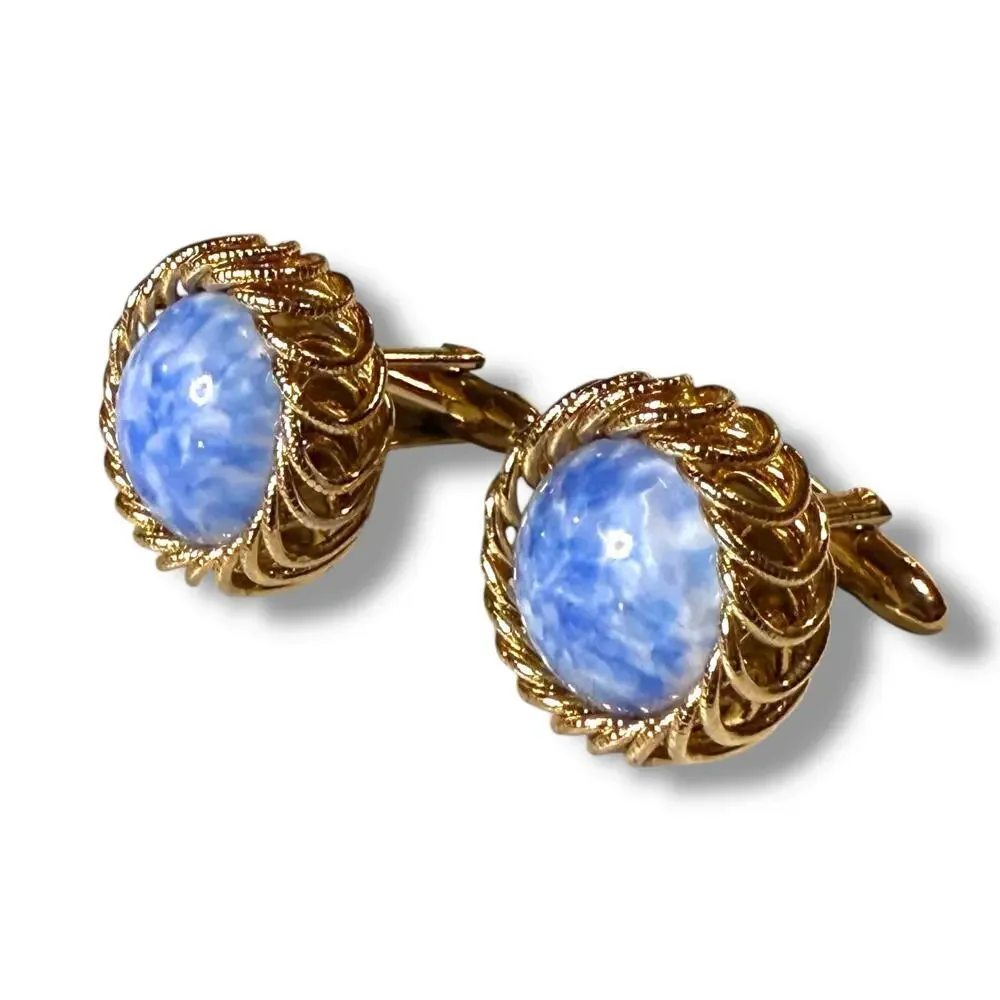 Vintage Cufflinks Mens Gold Tone Blue Swirl Glass Regency Bullet Back